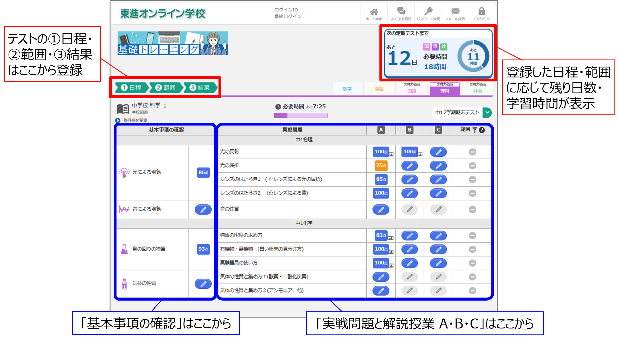 「国語」or「理科」or「社会」のタブを選択します。画面の左側が「基本事項の確認」、右側が「実戦問題(テスト＋解説)」です。教科書･テスト日程･範囲を登録すると、勉強すべき単元が絞られて表示されます。